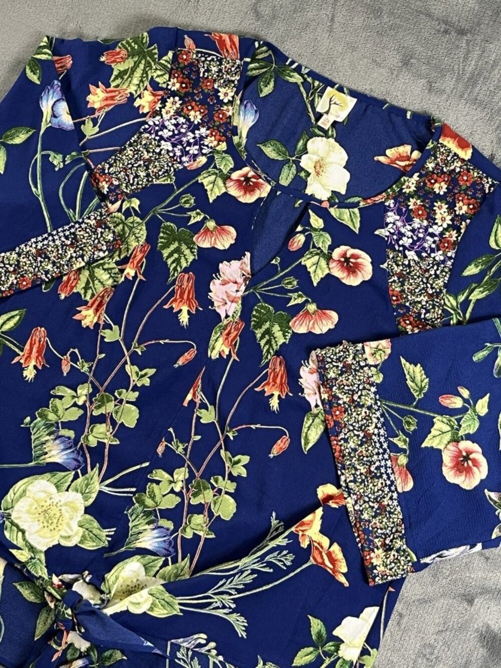 Fig & Flower Women's 2X Sheer Floral Boho Tie Front Blouse Ballon Sleeves